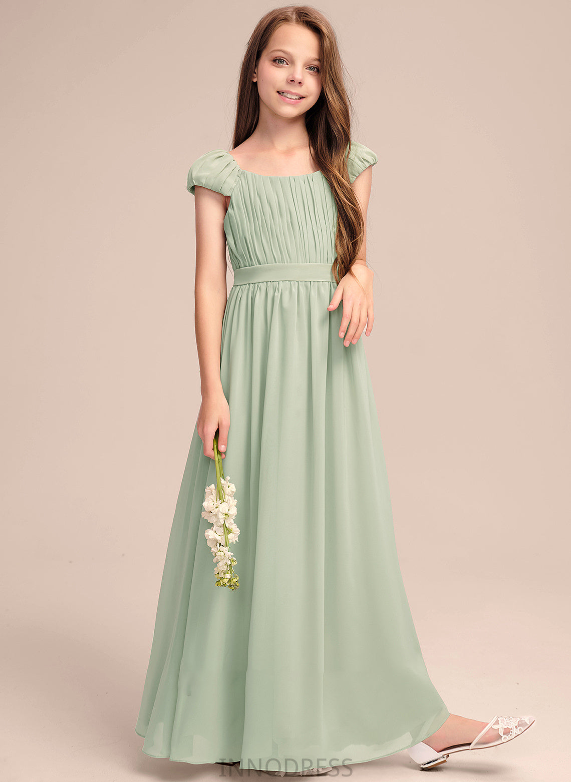 Micah Junior Bridesmaid Dresses Scoop Chiffon A-Line Bow(s) Floor-Length With Neck Ruffle