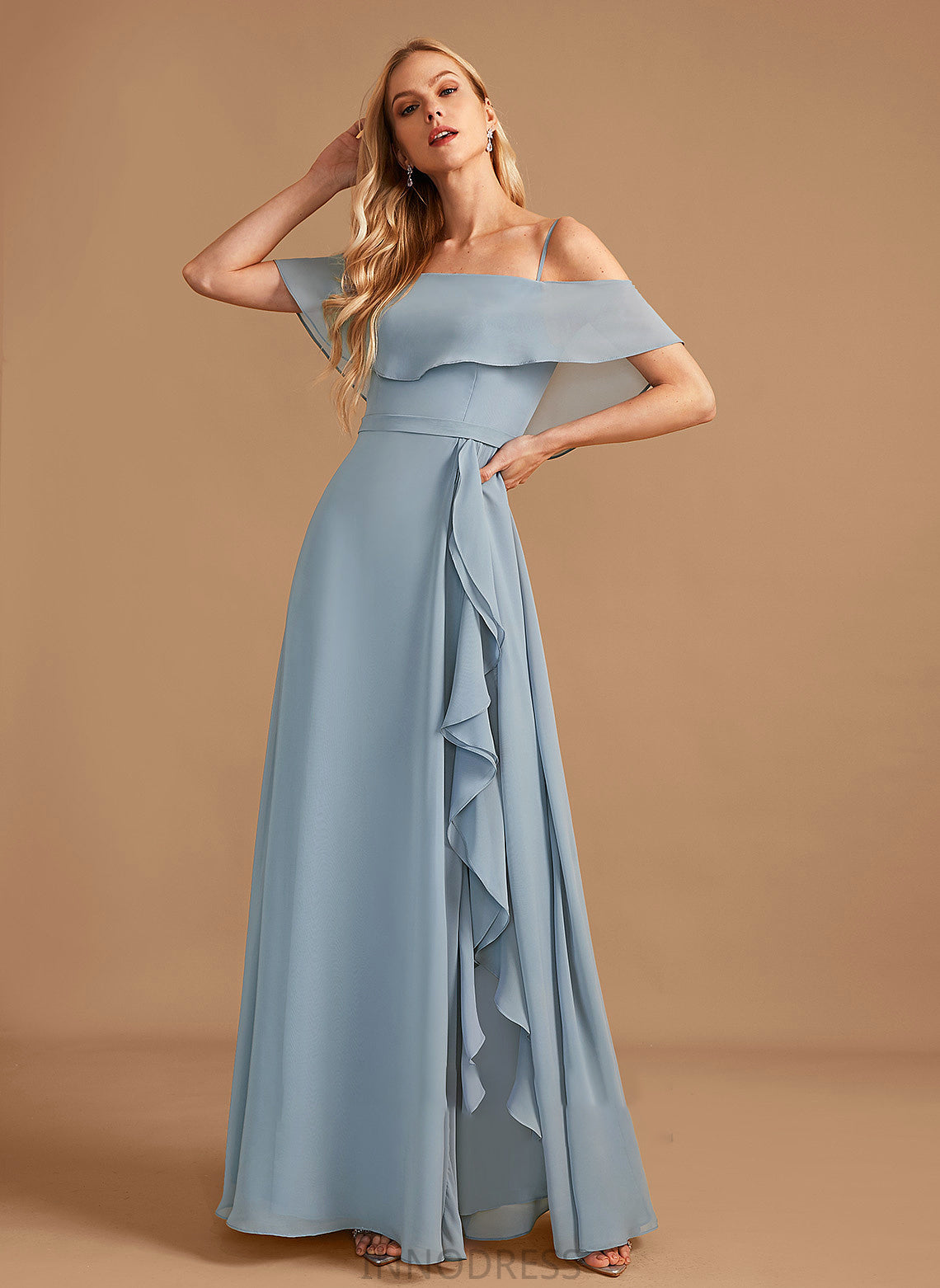 A-Line Silhouette Embellishment Length SplitFront Off-the-Shoulder Floor-Length Ruffle Fabric Neckline Kenzie A-Line/Princess