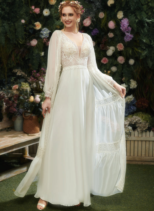A-Line Floor-Length Lace Arabella Dress Wedding Dresses Wedding V-neck With Chiffon Sequins
