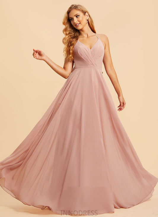Length Embellishment Ruffle Fabric A-Line Silhouette V-neck Floor-Length Neckline Gisselle Natural Waist One Shoulder Bridesmaid Dresses
