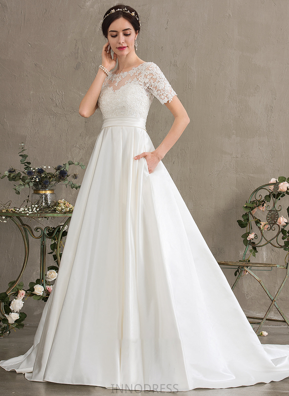 Susan Pockets Satin With Wedding Scoop Neck Train Court Beading Dress Ball-Gown/Princess Sequins Wedding Dresses
