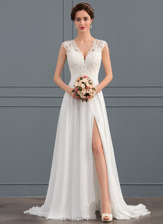 Sweep Wedding Dresses V-neck Split Lace Dress Train Chiffon Front Wedding With Rylie A-Line