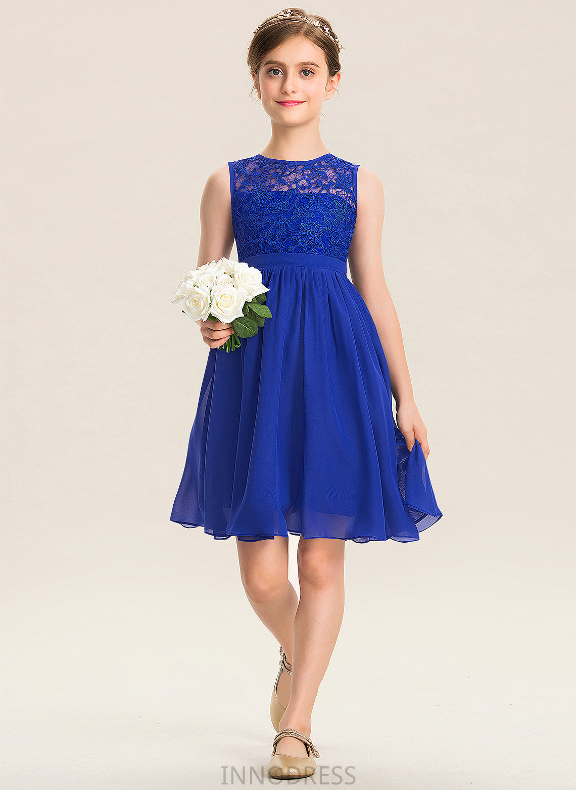 Knee-Length Neck Isabell Chiffon A-Line Junior Bridesmaid Dresses Lace Scoop