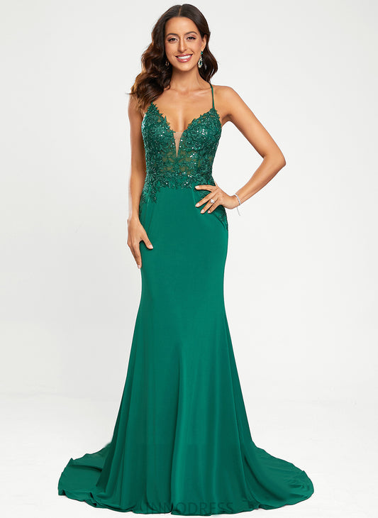 Sequins Prom Dresses Trumpet/Mermaid Lois With Train Jersey V-neck Sweep