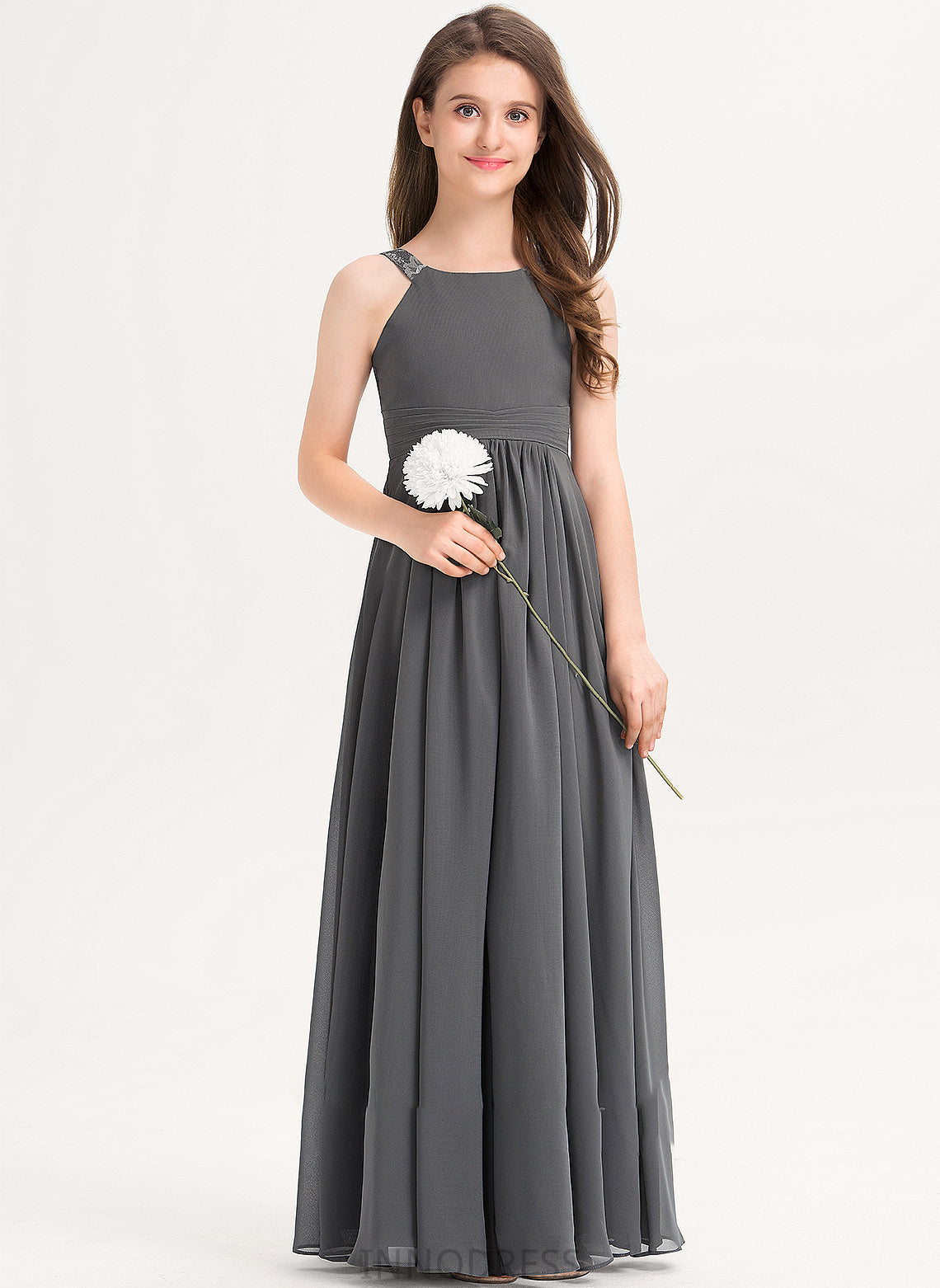Junior Bridesmaid Dresses Makaila Chiffon Scoop With Neck Floor-Length Lace A-Line Ruffle