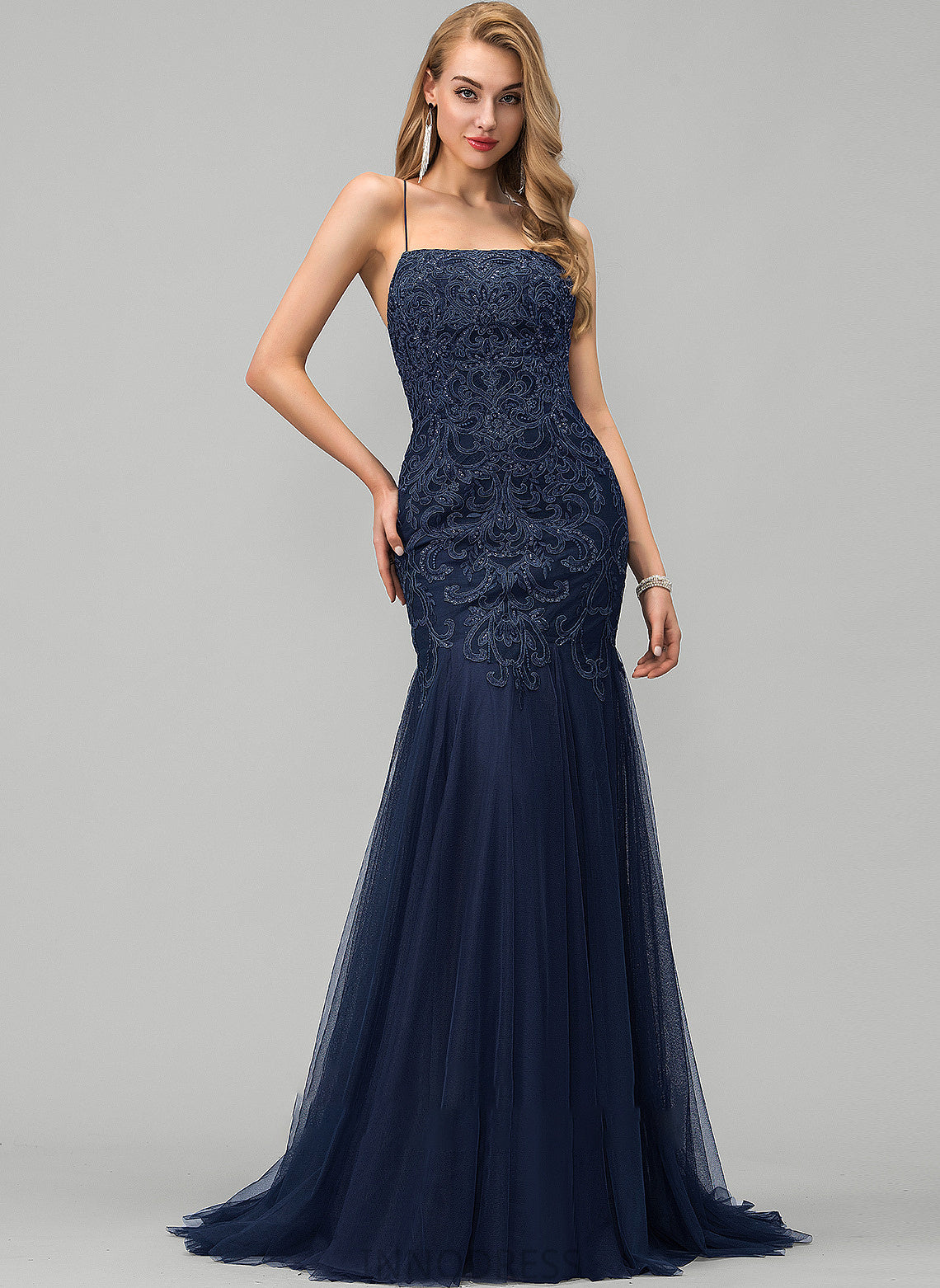 Jayleen Trumpet/Mermaid Tulle Sweep Square Sequins Lace With Train Prom Dresses Neckline