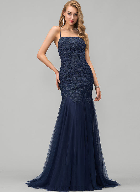 Jayleen Trumpet/Mermaid Tulle Sweep Square Sequins Lace With Train Prom Dresses Neckline