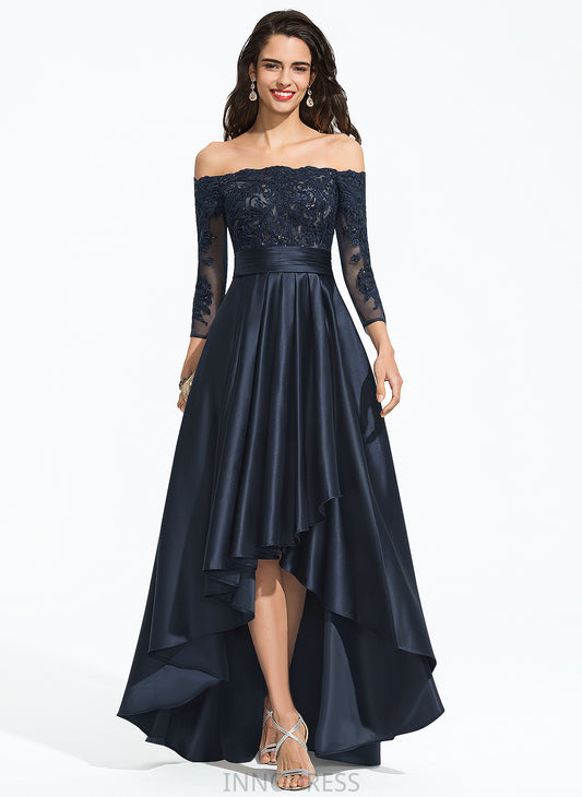 Asymmetrical Michaela Sequins A-Line With Satin Lace Prom Dresses Ruffles Cascading Off-the-Shoulder