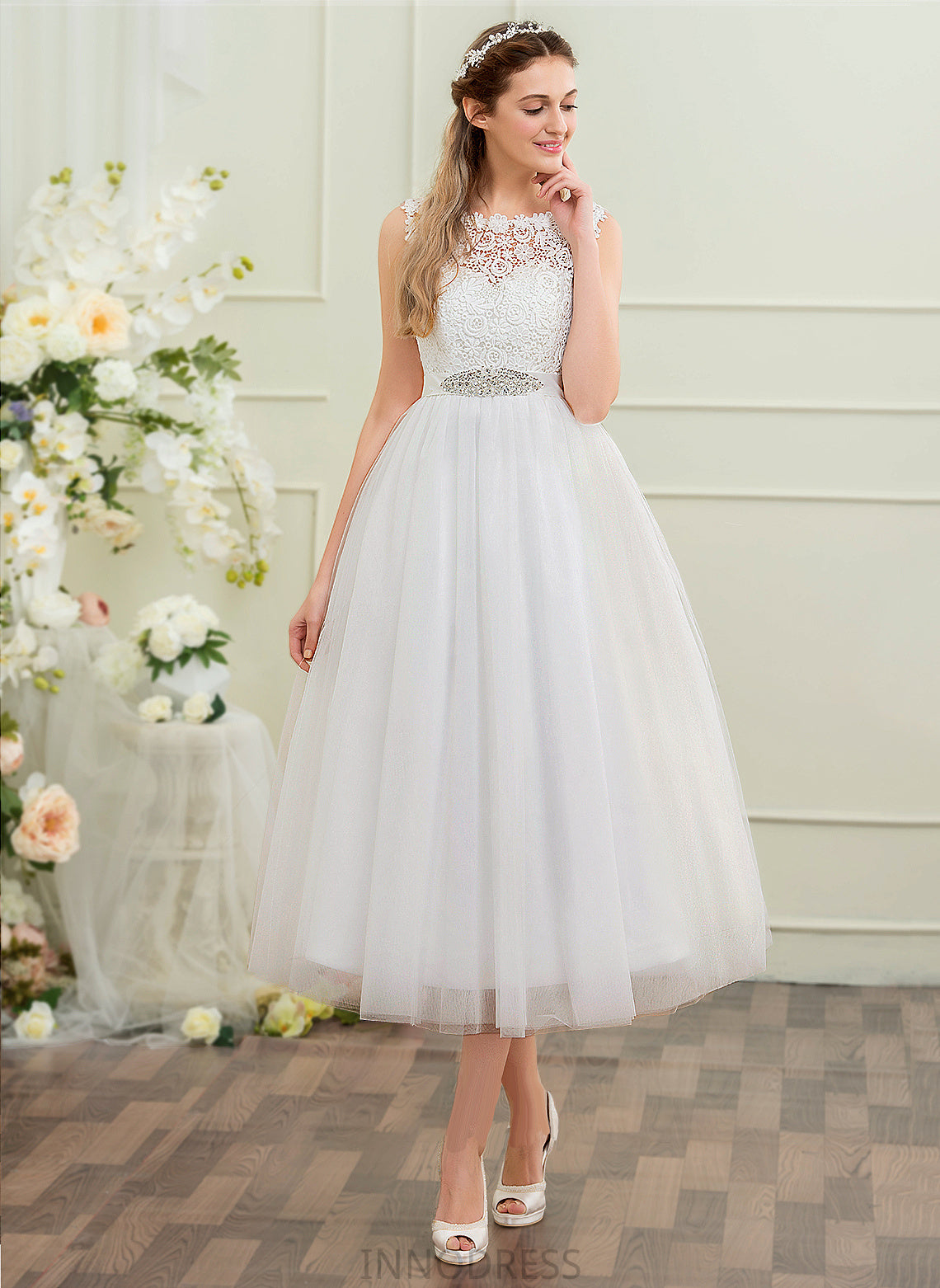 Alula Wedding Dresses Beading Tea-Length Tulle Neck Scoop Dress Ball-Gown/Princess Wedding Sequins With