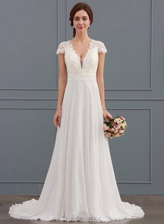 Ruffle Sweep Wedding Cassandra Dress Train V-neck A-Line Wedding Dresses With Lace Chiffon