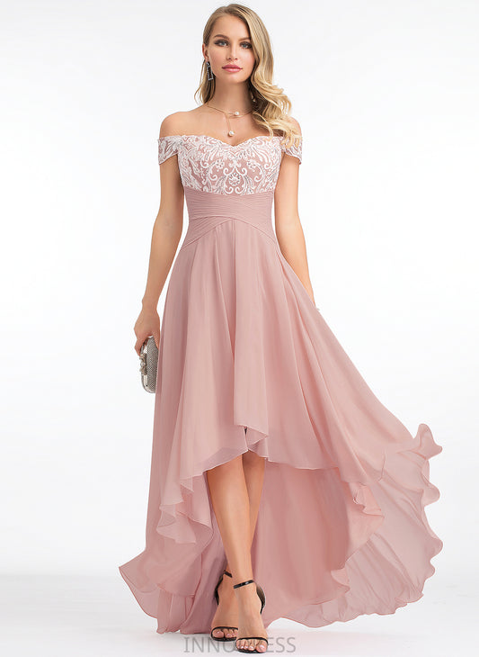 Asymmetrical A-Line Pleated Lace Off-the-Shoulder Mareli With Prom Dresses Chiffon