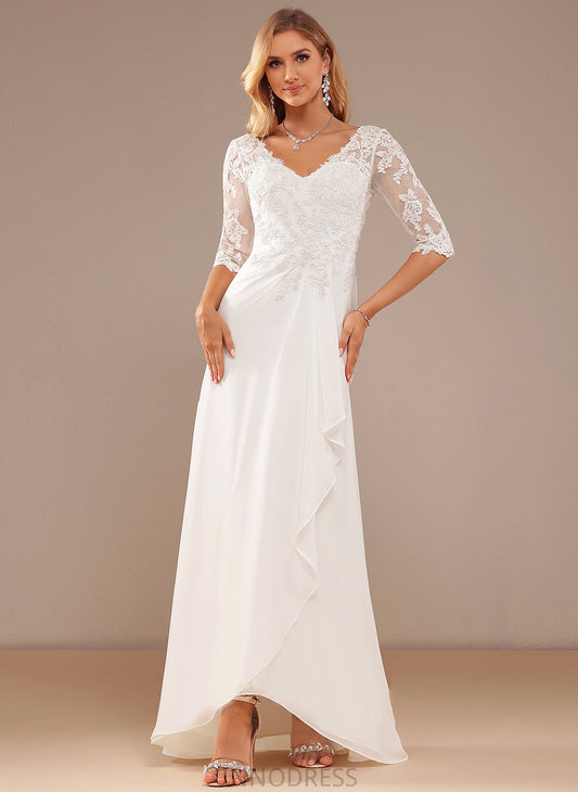 Ruffle Chiffon Wedding Dresses Asymmetrical A-Line Olga Lace With Wedding Dress V-neck