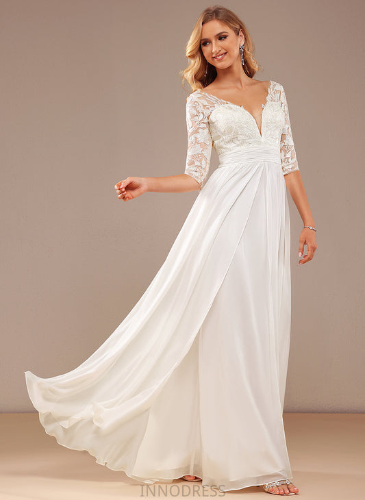 Ruffle A-Line Wedding Dresses With Chiffon Saige Dress Lace V-neck Lace Floor-Length Sequins Wedding