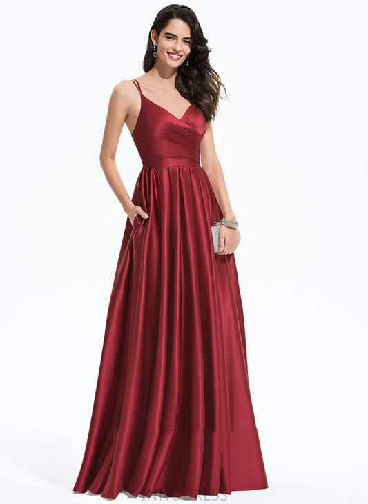 Pleated Floor-Length Adeline Satin With A-Line V-neck Prom Dresses
