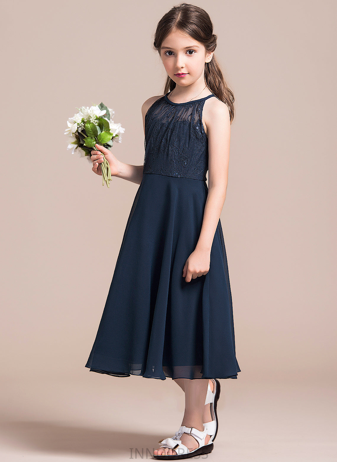 Azul A-Line Junior Bridesmaid Dresses With Neck Ruffle Tea-Length Lace Scoop Chiffon