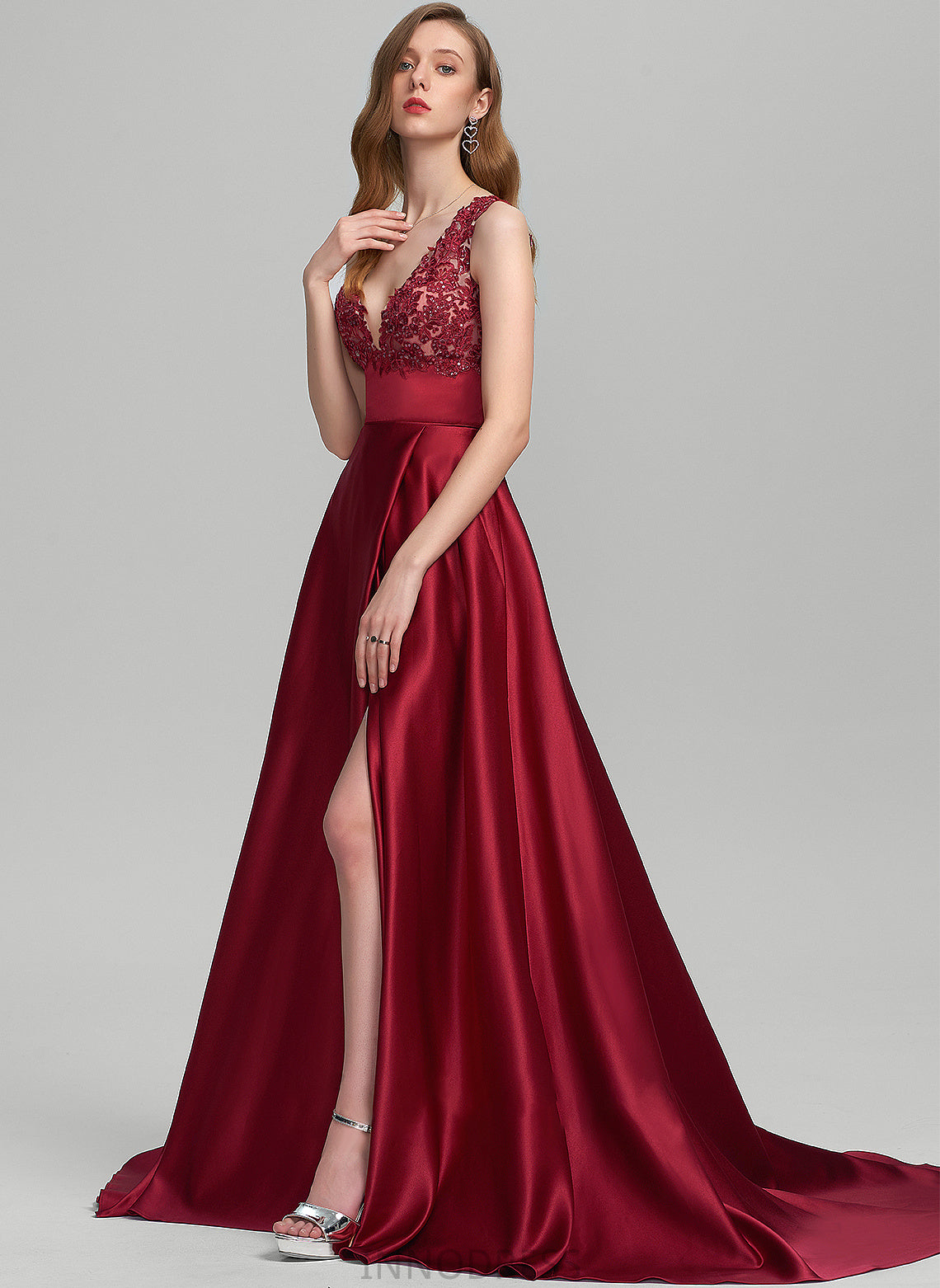 Ball-Gown/Princess Maeve Prom Dresses Train Satin Split Sweep With Sequins V-neck Front