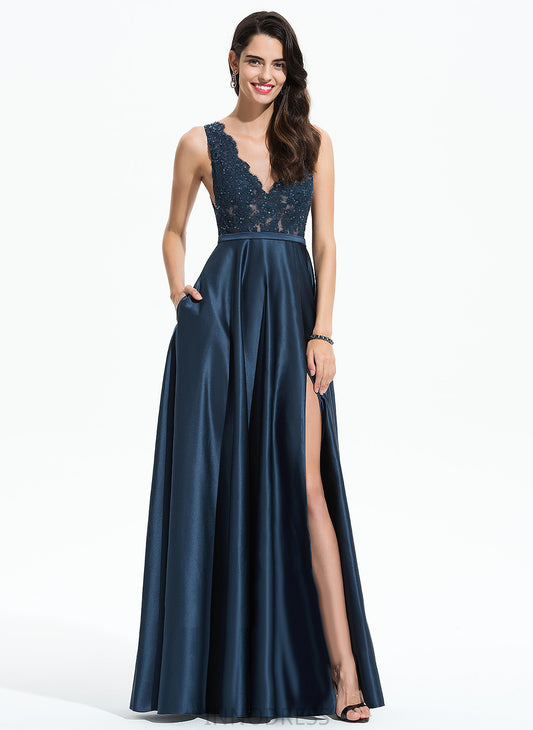 Prom Dresses Satin Nydia Floor-Length A-Line V-neck With Sequins Lace