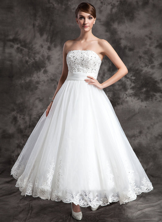 Ball-Gown/Princess Beading Lace With Strapless Faith Wedding Satin Organza Dress Ankle-Length Wedding Dresses