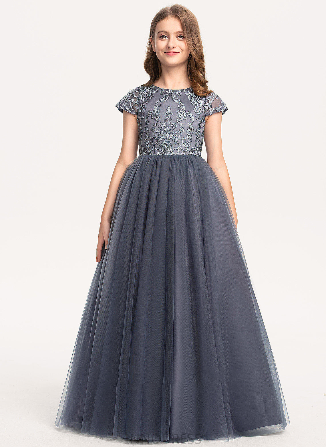 Perla Ball-Gown/Princess Junior Bridesmaid Dresses Neck Lace Scoop Tulle Floor-Length