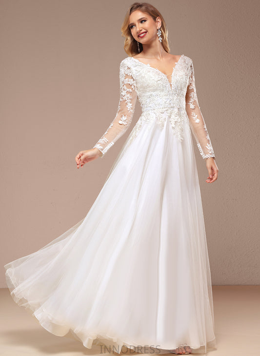 Beading A-Line Floor-Length Tulle V-neck Lace Wedding Dresses Jessica With Sequins Wedding Dress