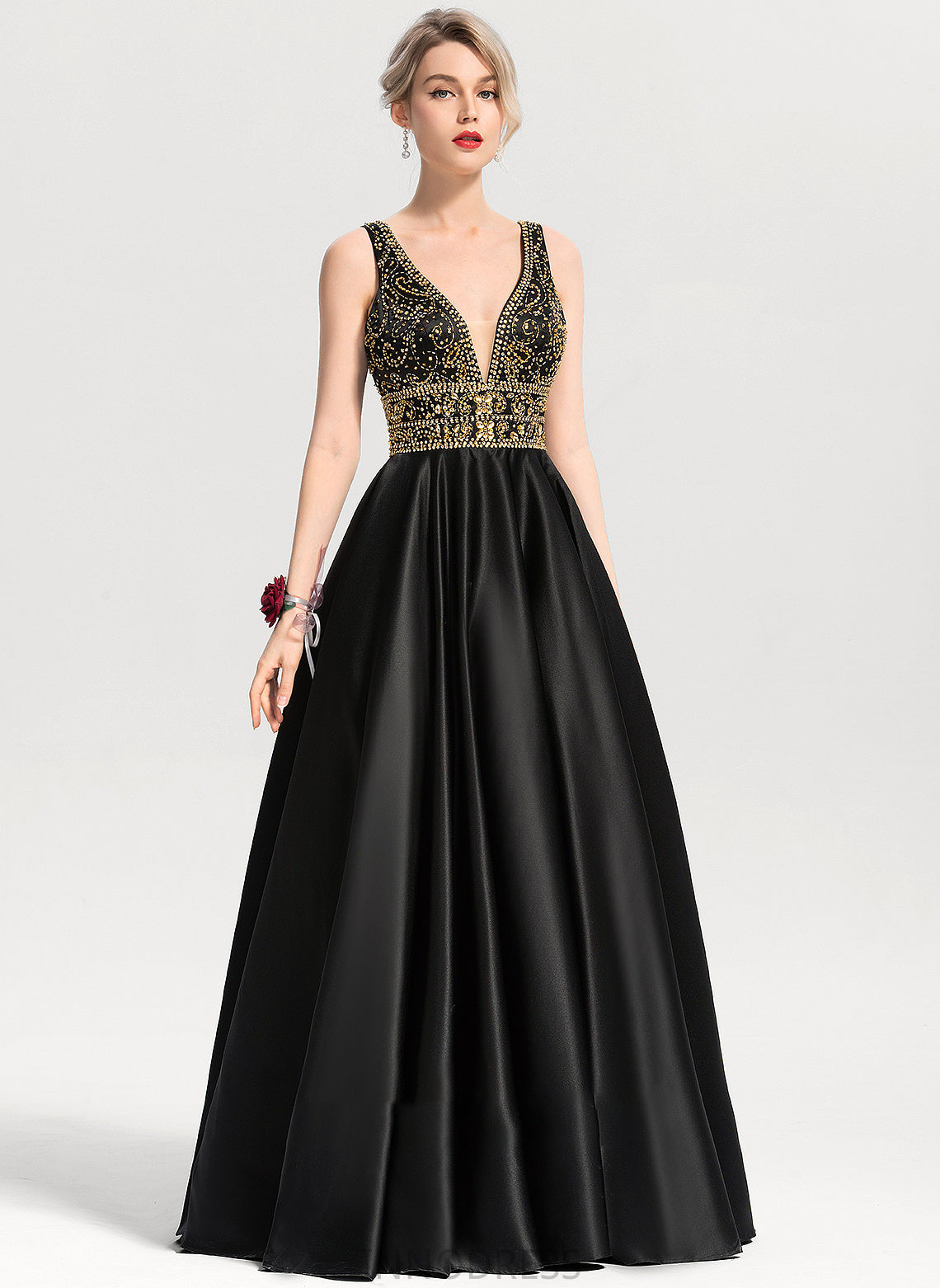 Beading V-neck Satin Prom Dresses Jaycee Ball-Gown/Princess Sequins With Floor-Length