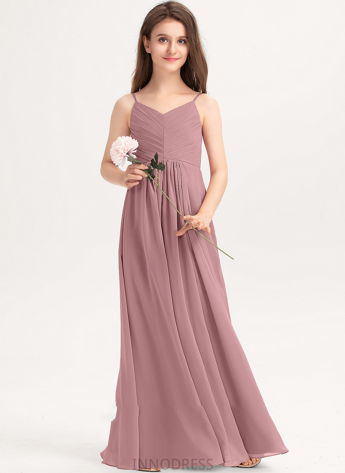 A-Line Floor-Length With Junior Bridesmaid Dresses V-neck Karla Ruffle Chiffon