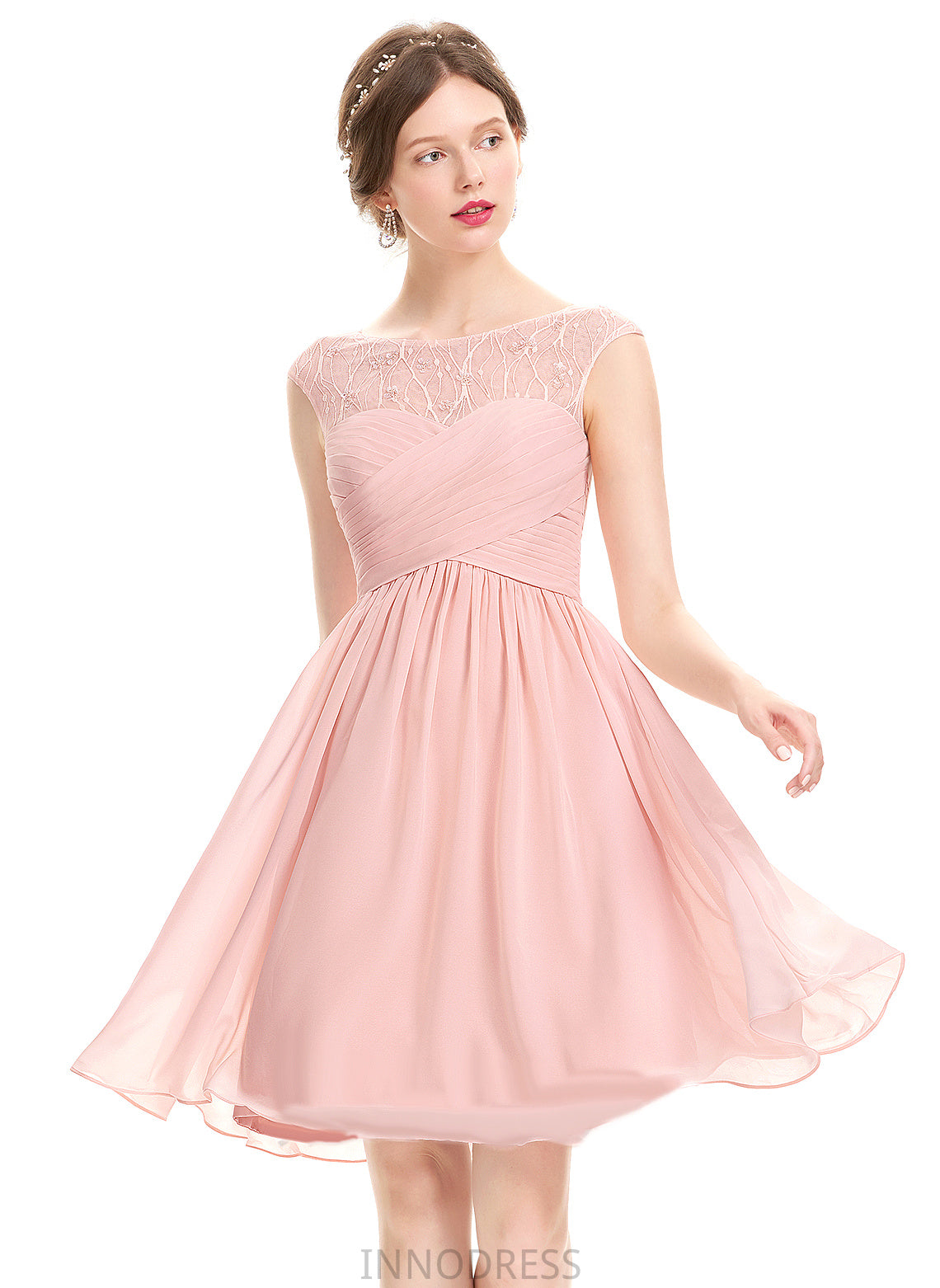 Scoop A-Line Knee-Length Beading Prom Dresses Lace Wendy Ruffle With Neck Chiffon Sequins