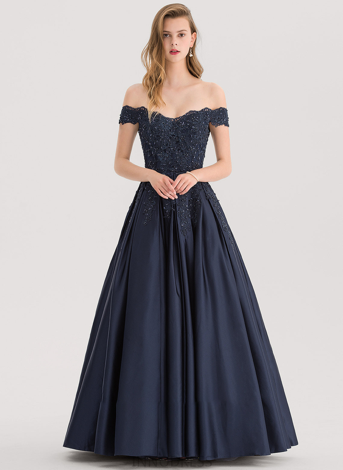 Floor-Length Alexus Satin Ball-Gown/Princess Off-the-Shoulder With Sequins Prom Dresses Beading