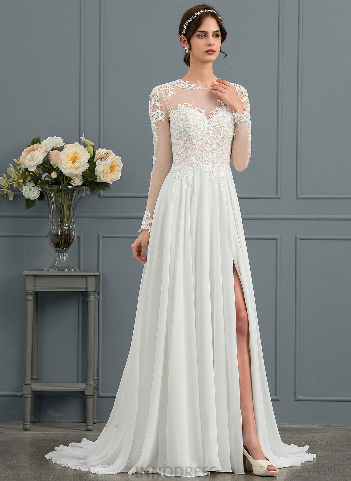 Wedding Dresses Appliques With Train A-Line Chiffon Illusion Dress Split Front Wedding Lace Finley Sweep