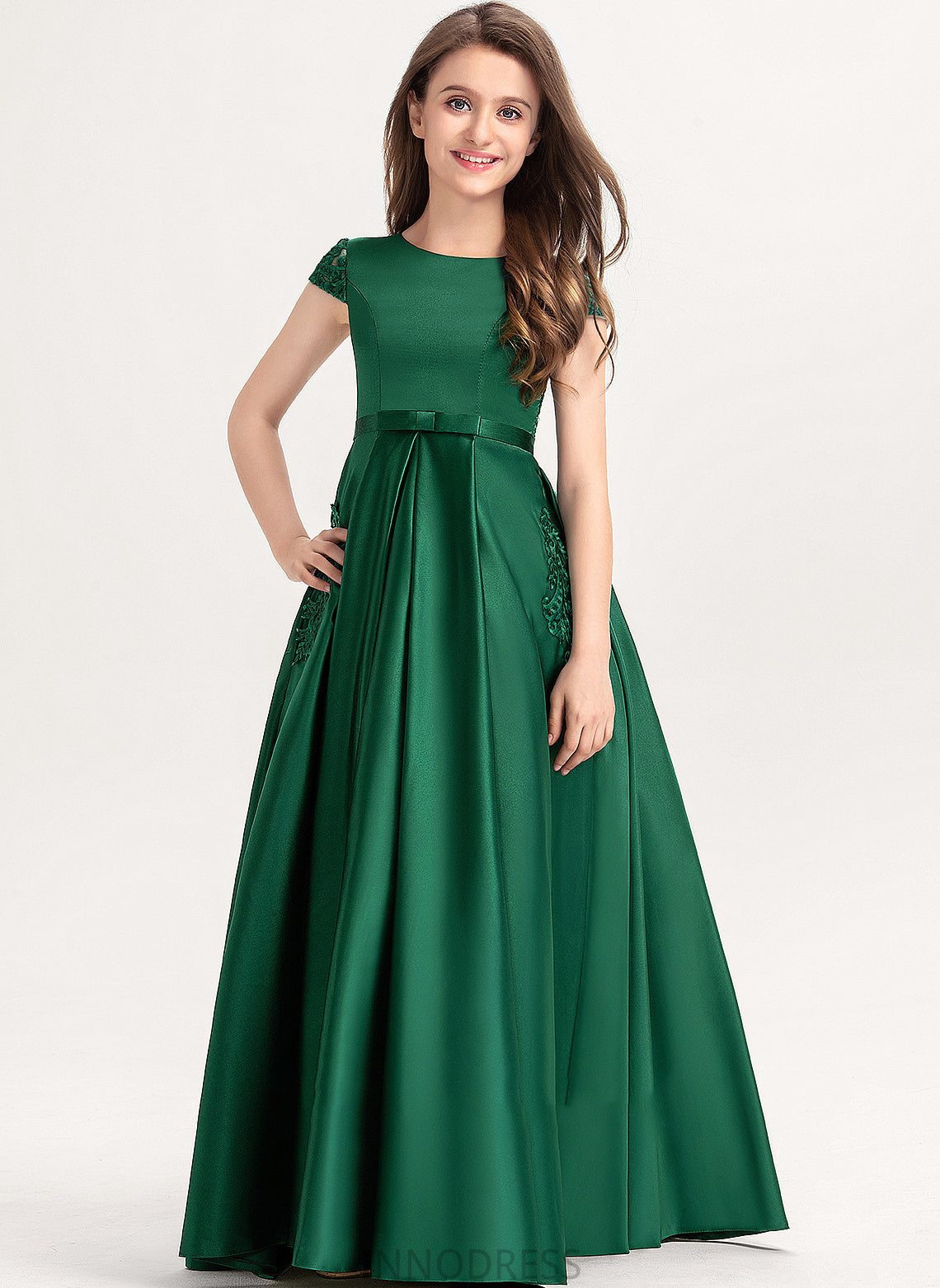 Pockets Floor-Length With Anya Neck Satin Junior Bridesmaid Dresses Bow(s) Ball-Gown/Princess Scoop Lace