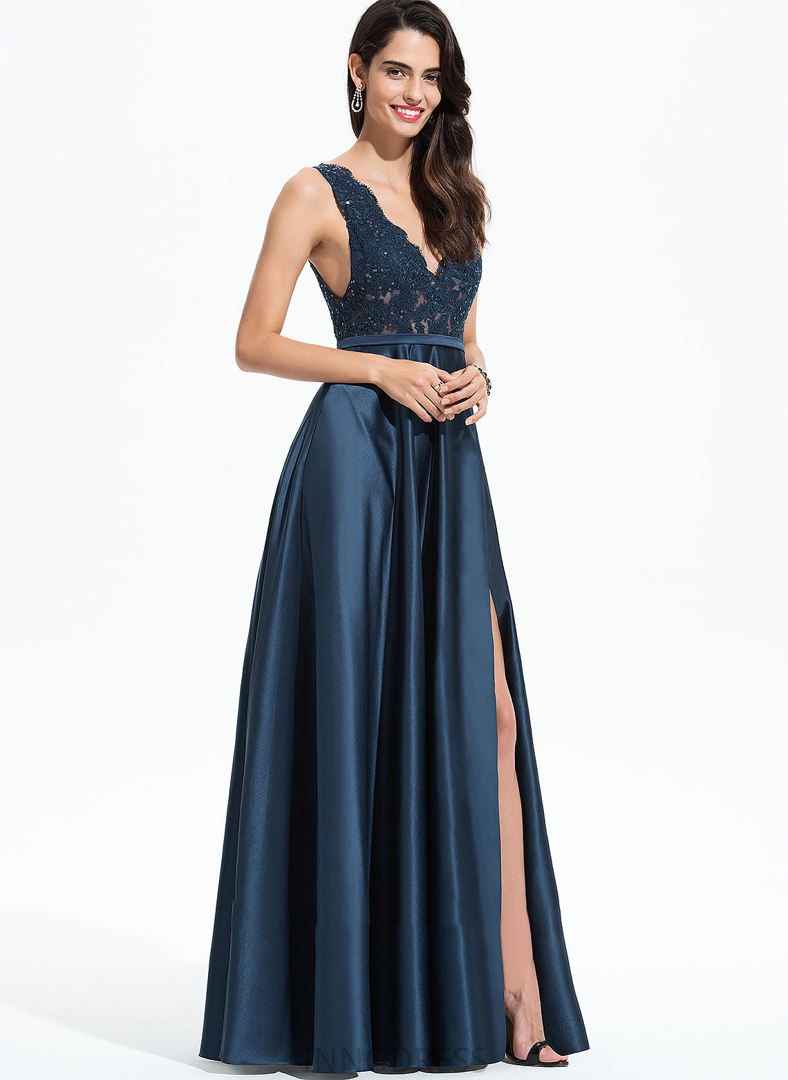 Front Satin With Prom Dresses Floor-Length A-Line V-neck Sequins Pockets Lace Split Miracle