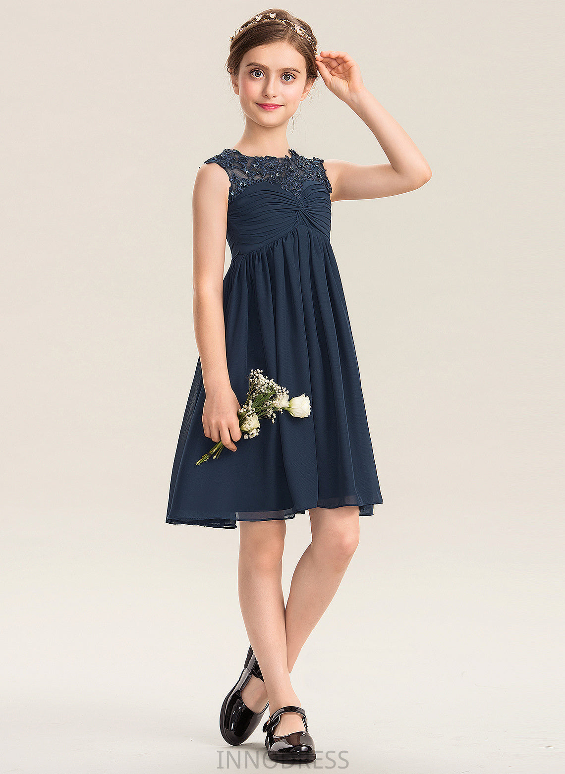 Neck Scoop Sequins Beading Ruffle Joslyn Junior Bridesmaid Dresses Lace With Empire Knee-Length Chiffon