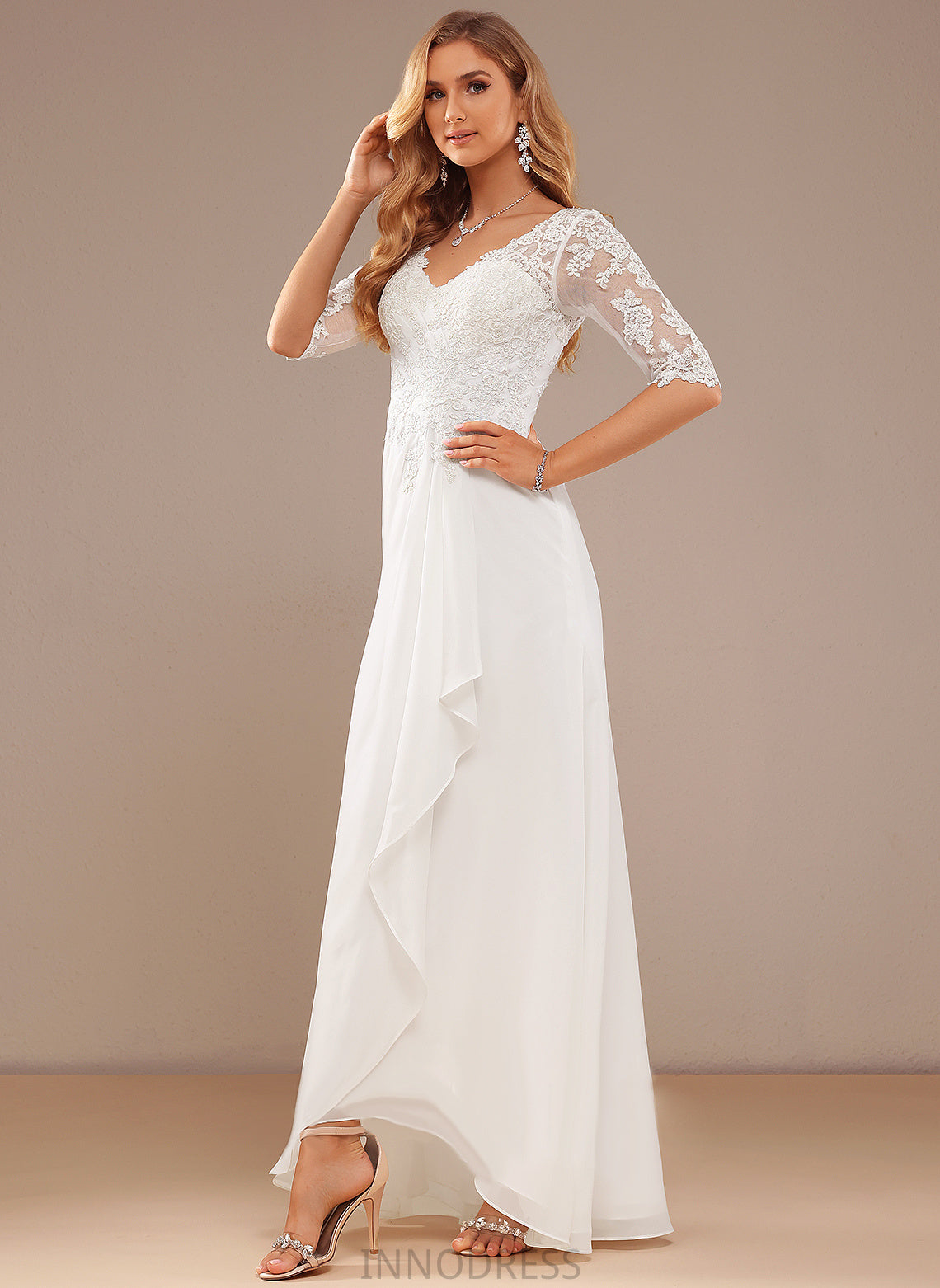 A-Line Chiffon Dress With Wedding Ruffle Lace Lace V-neck Wedding Dresses Asymmetrical Tianna