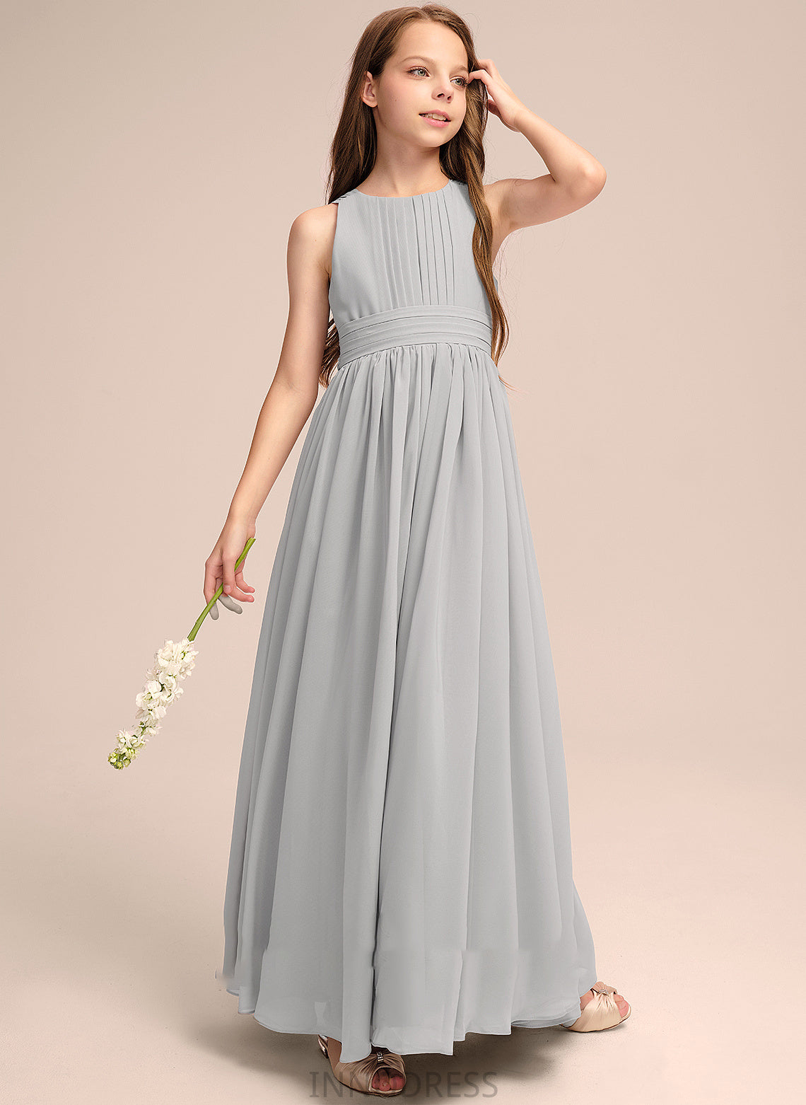 Alexis Junior Bridesmaid Dresses Floor-Length Scoop Bow(s) Chiffon Ruffle With Neck A-Line