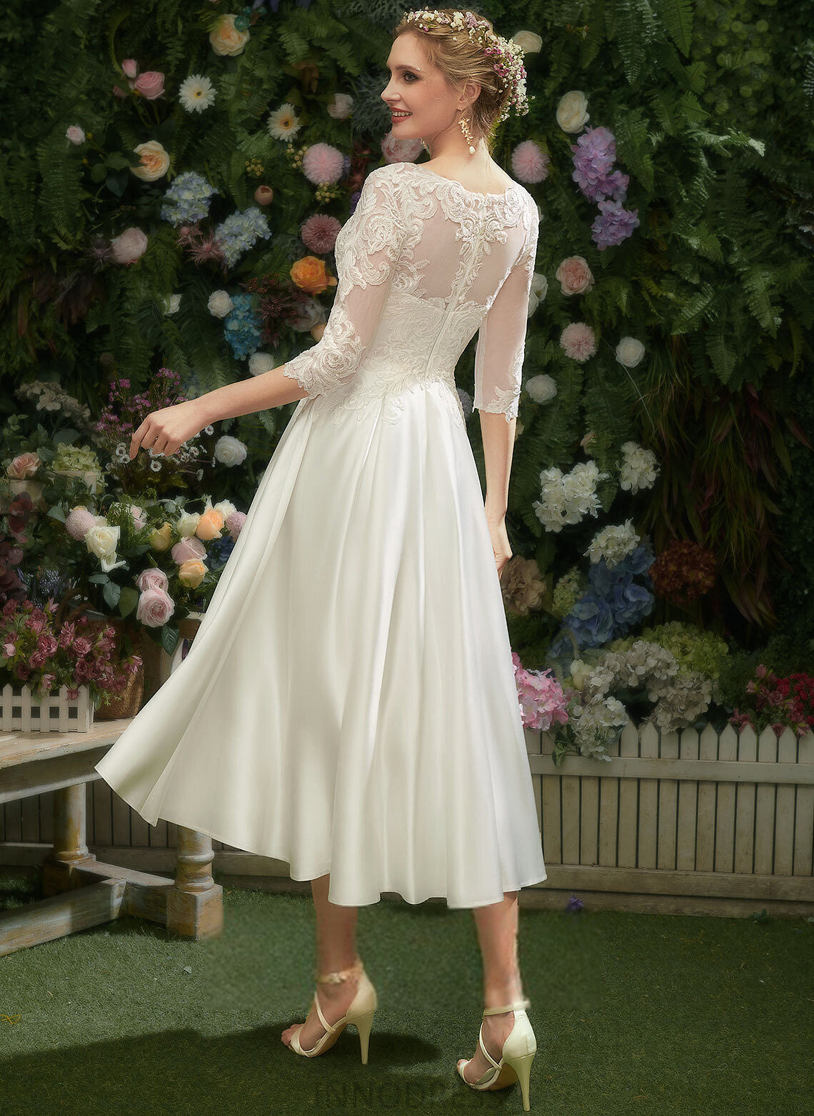 Wedding Dresses Illusion Alma Wedding Satin Lace Dress With Tea-Length A-Line
