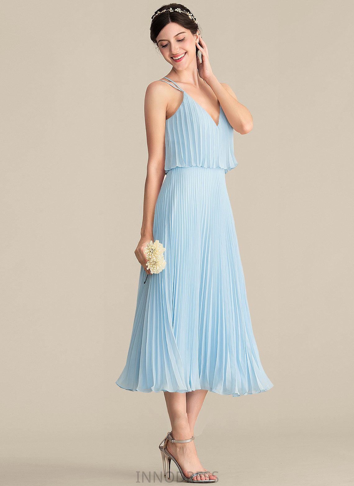 Fabric V-neck A-Line Embellishment Neckline Pleated Length Tea-Length Silhouette Marina A-Line/Princess Sleeveless