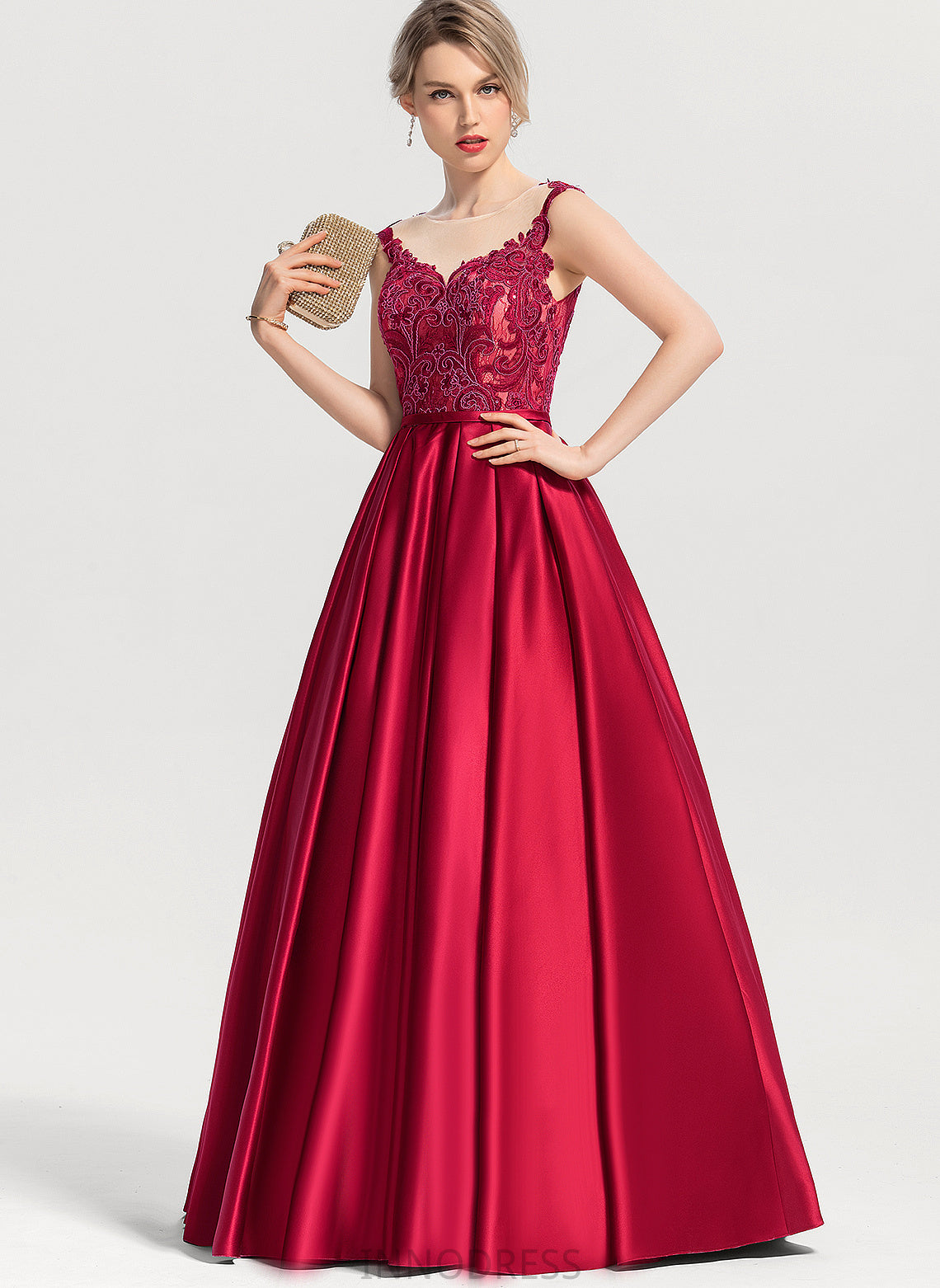 Satin Kit Lace Ball-Gown/Princess Scoop Prom Dresses Floor-Length With Illusion Sequins