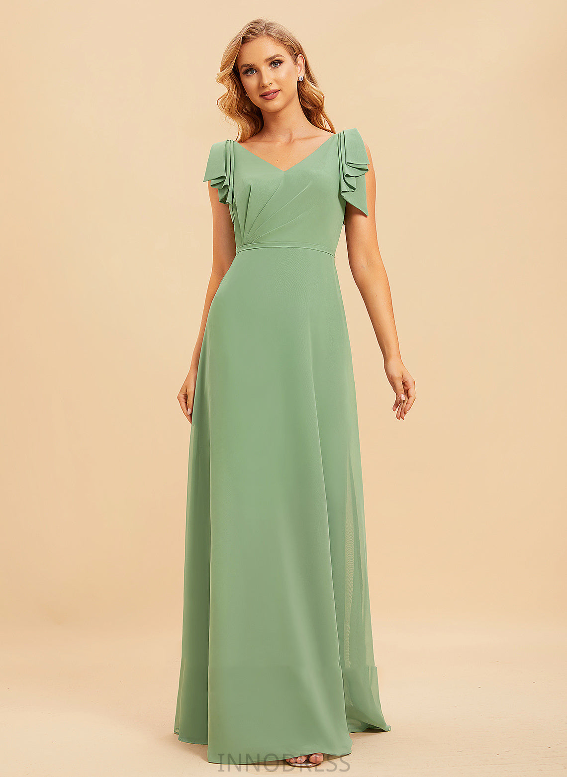 Fabric A-Line Silhouette Embellishment Ruffle Neckline Floor-Length Length V-neck Serenity Natural Waist High Low Bridesmaid Dresses