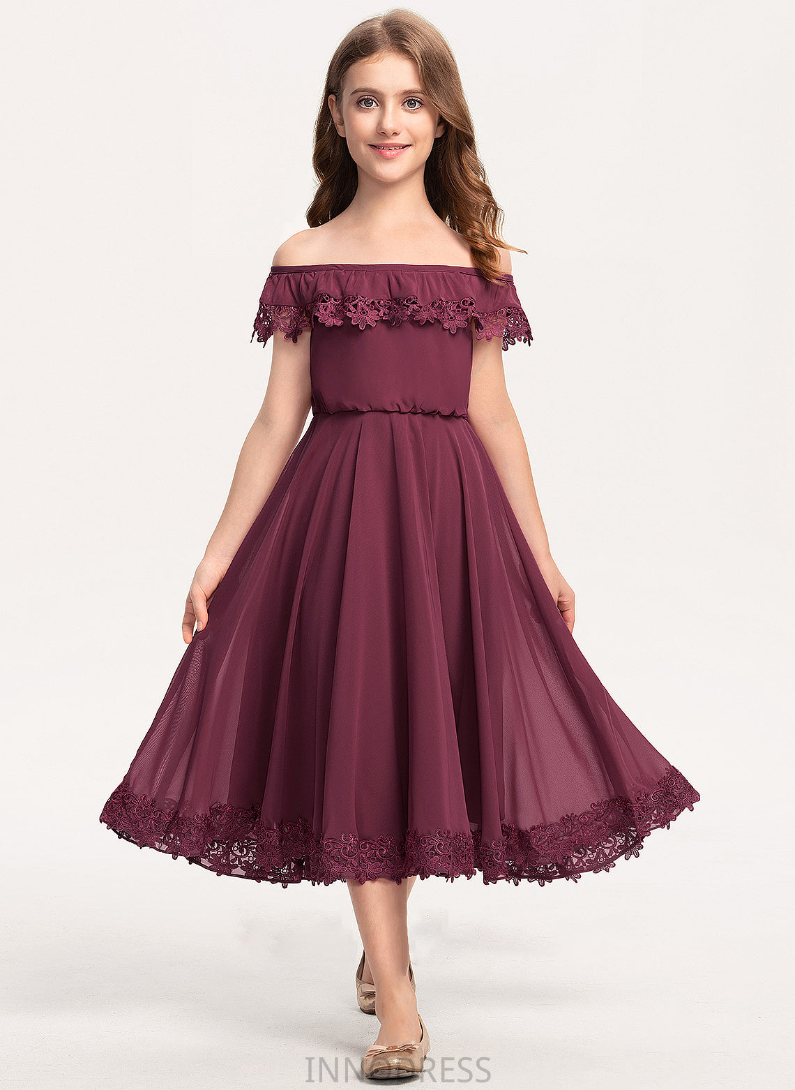 A-Line Lace Tea-Length Chiffon Off-the-Shoulder Junior Bridesmaid Dresses Kate