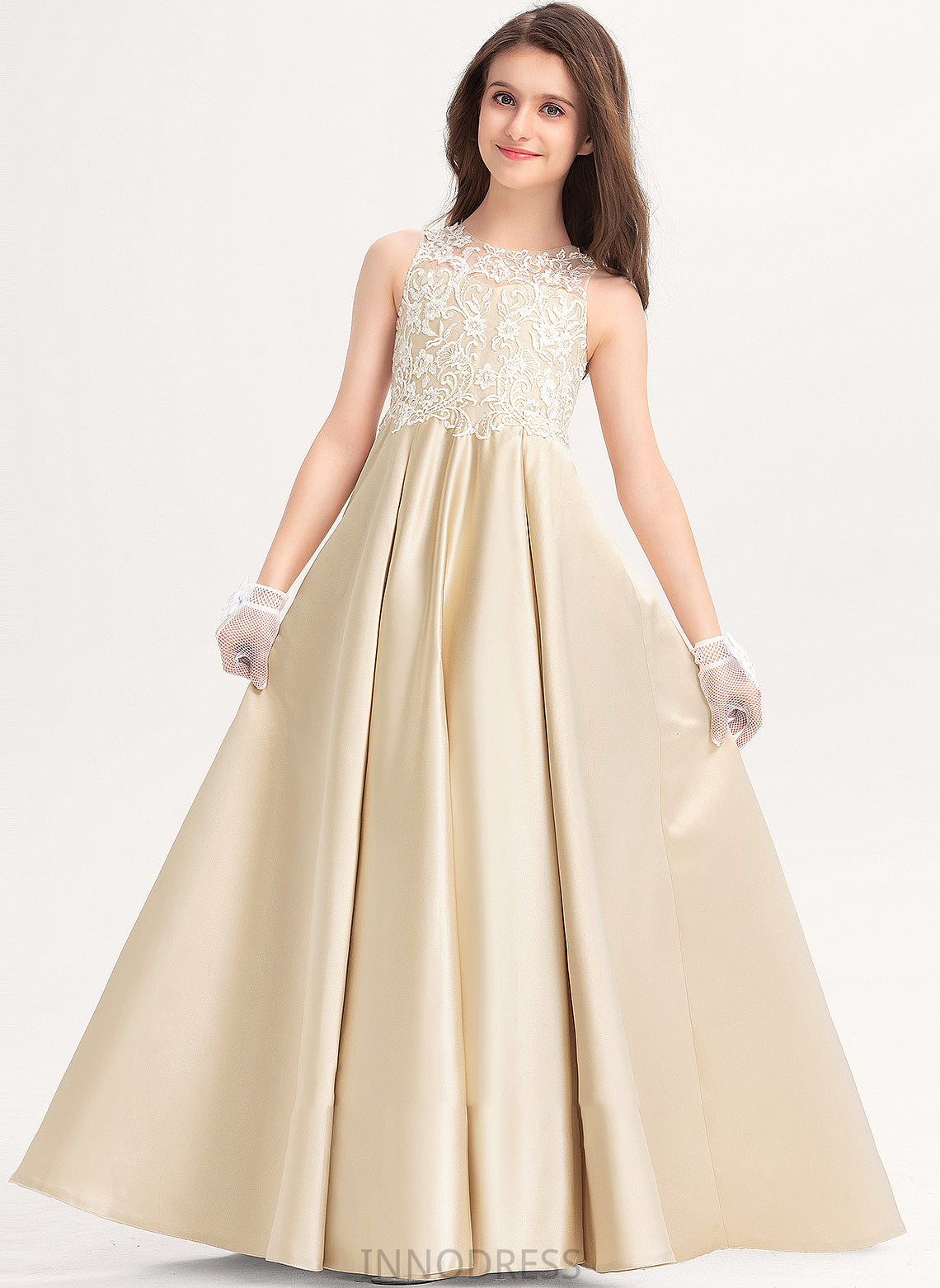 Scoop Satin Ball-Gown/Princess Lace Floor-Length Junior Bridesmaid Dresses Anabel Neck