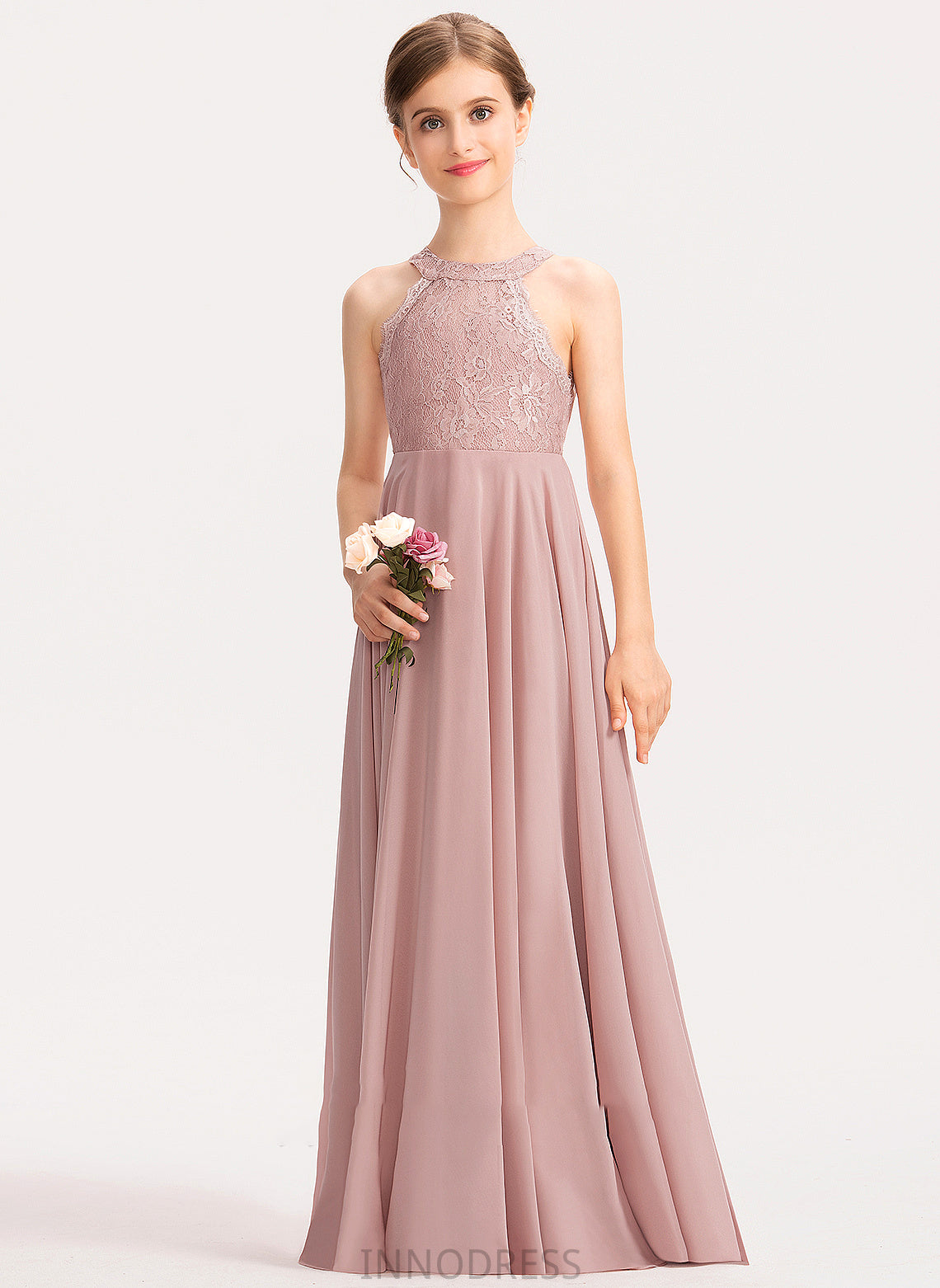 A-Line Chiffon Scoop Junior Bridesmaid Dresses Floor-Length Lace Sanai Neck