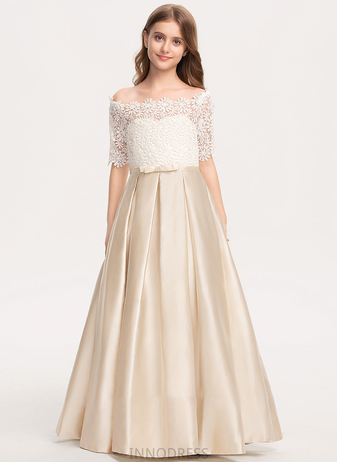 Ball-Gown/Princess Evie Junior Bridesmaid Dresses Floor-Length Lace Satin Bow(s) Off-the-Shoulder Pockets With