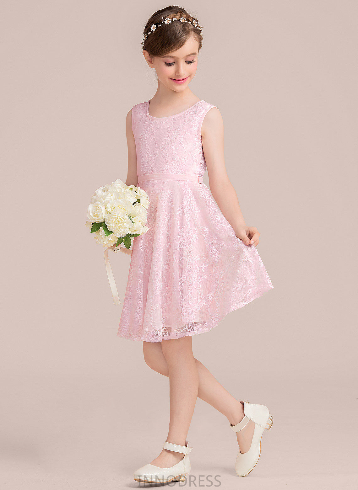 Knee-Length Bow(s) Neck A-Line Scoop Helena Sash With Junior Bridesmaid Dresses Lace