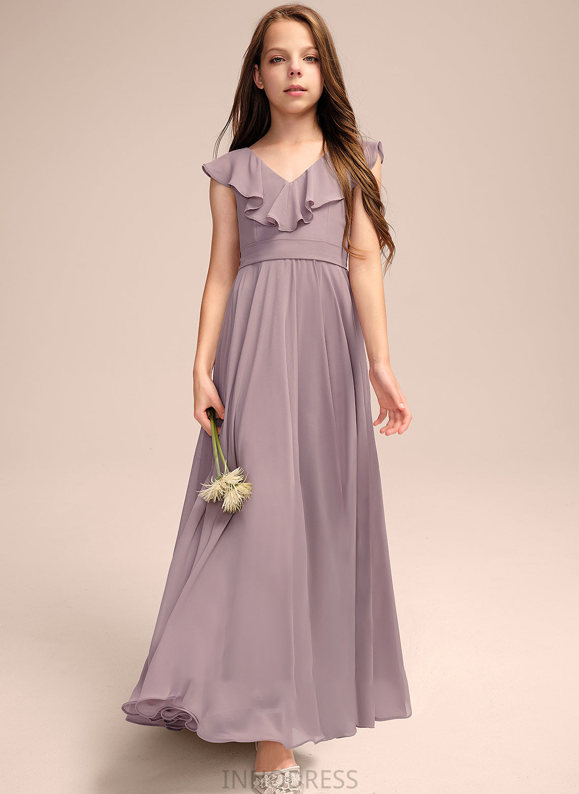 Selah Floor-Length Chiffon Junior Bridesmaid Dresses Cascading A-Line With Ruffles V-neck