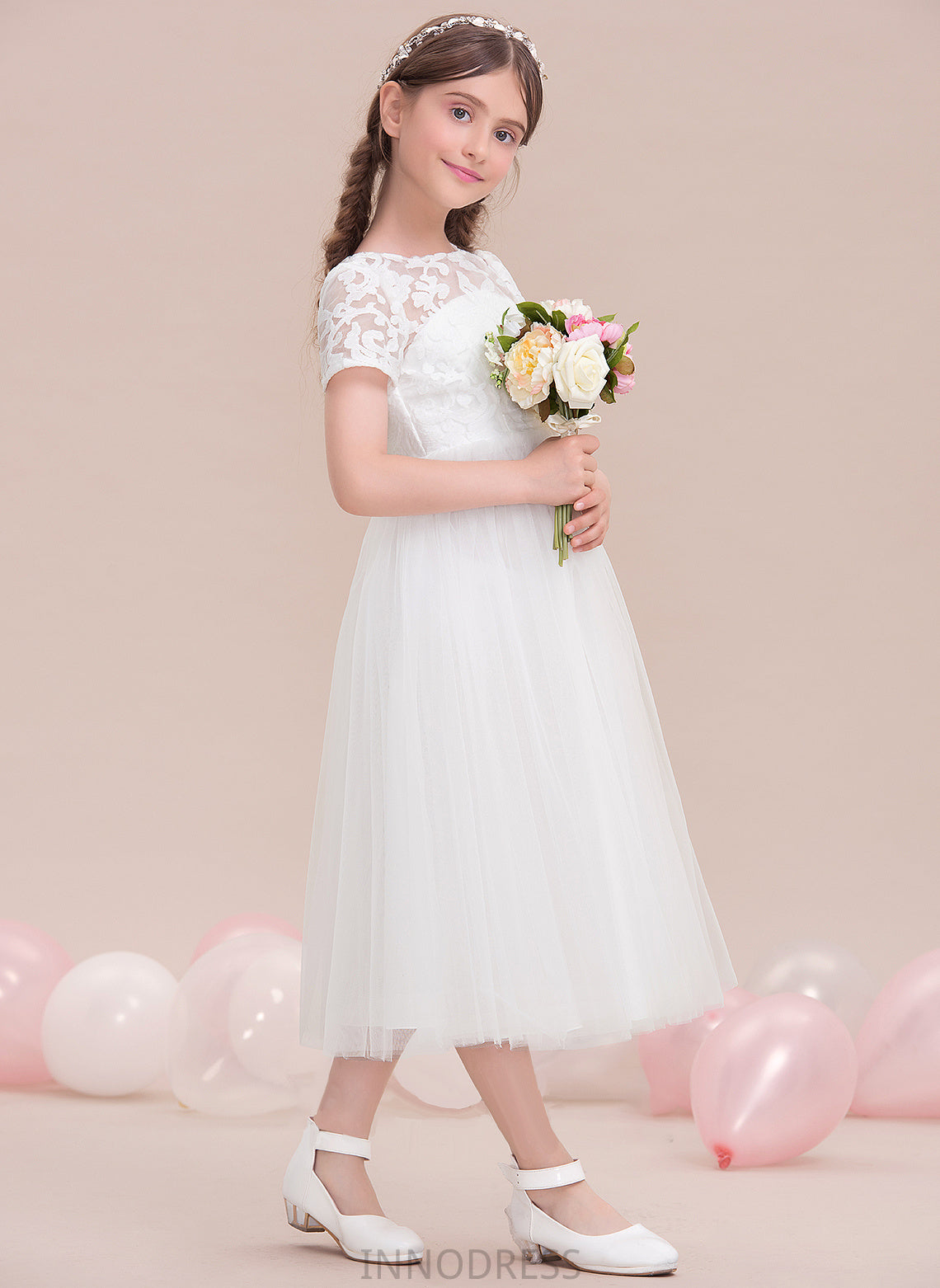 Scoop Junior Bridesmaid Dresses A-Line Tulle Nathaly Neck Tea-Length