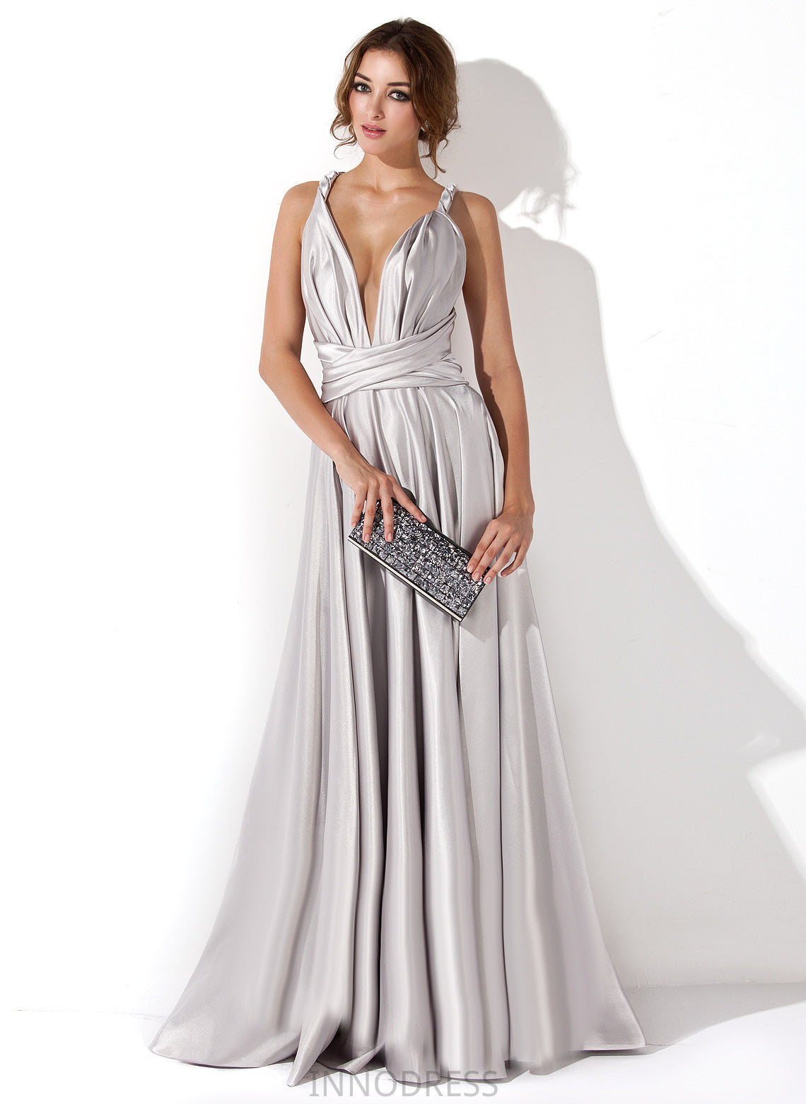 Lauren Floor-Length Pleated Prom Dresses With A-Line V-neck Charmeuse