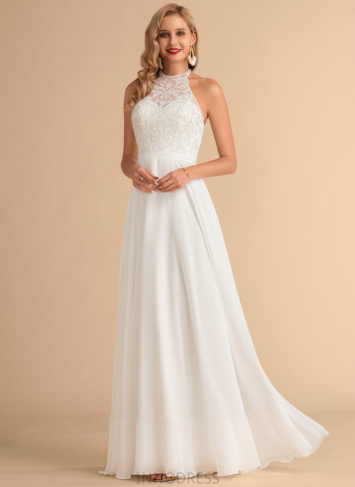 Wedding Neck A-Line Dress High Floor-Length Allyson Chiffon Wedding Dresses