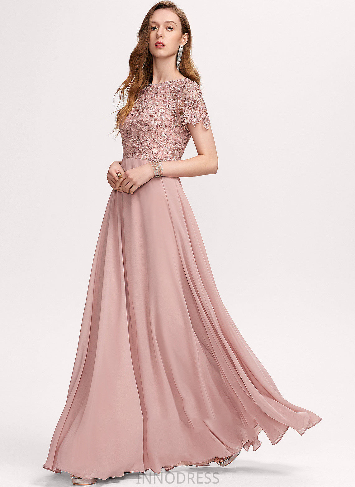 Sienna Floor-Length Neck With A-Line Sequins Scoop Chiffon Prom Dresses