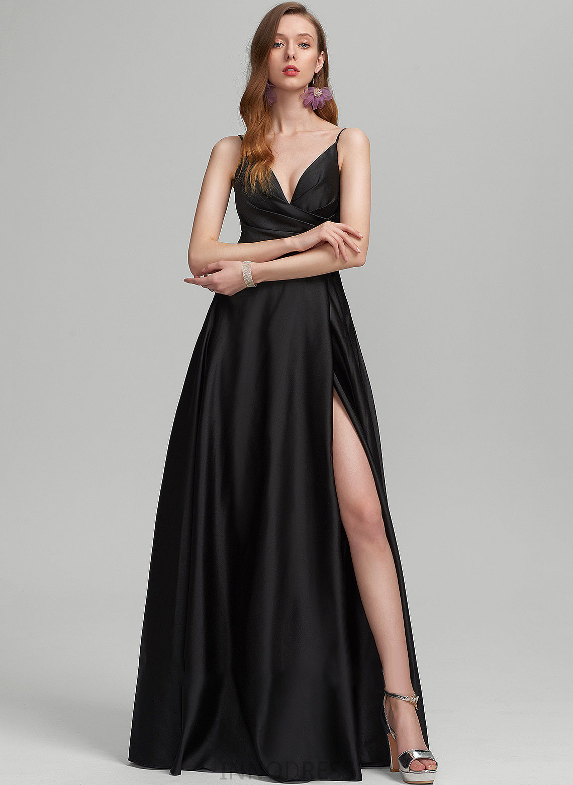 A-Line Ruffle V-neck Front Floor-Length Prom Dresses Satin With Split Moriah