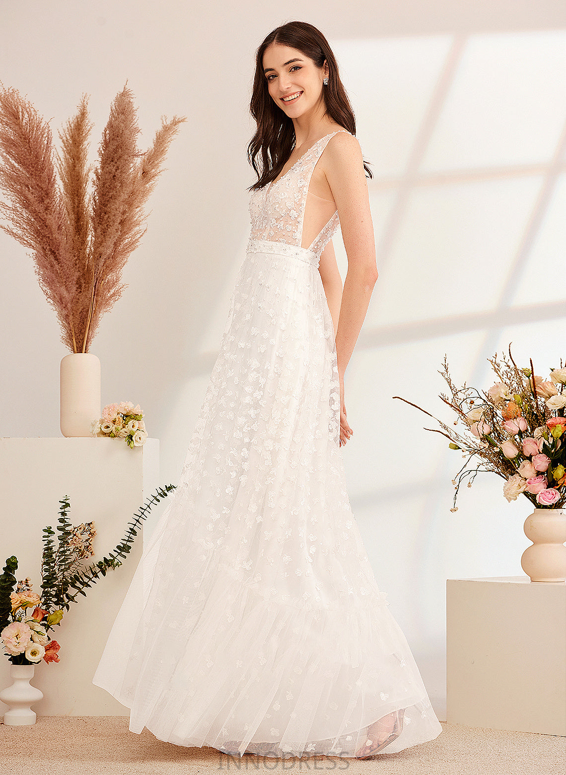 Floor-Length V-neck Sequins Wedding Dresses Dress Beading A-Line Elizabeth Wedding With
